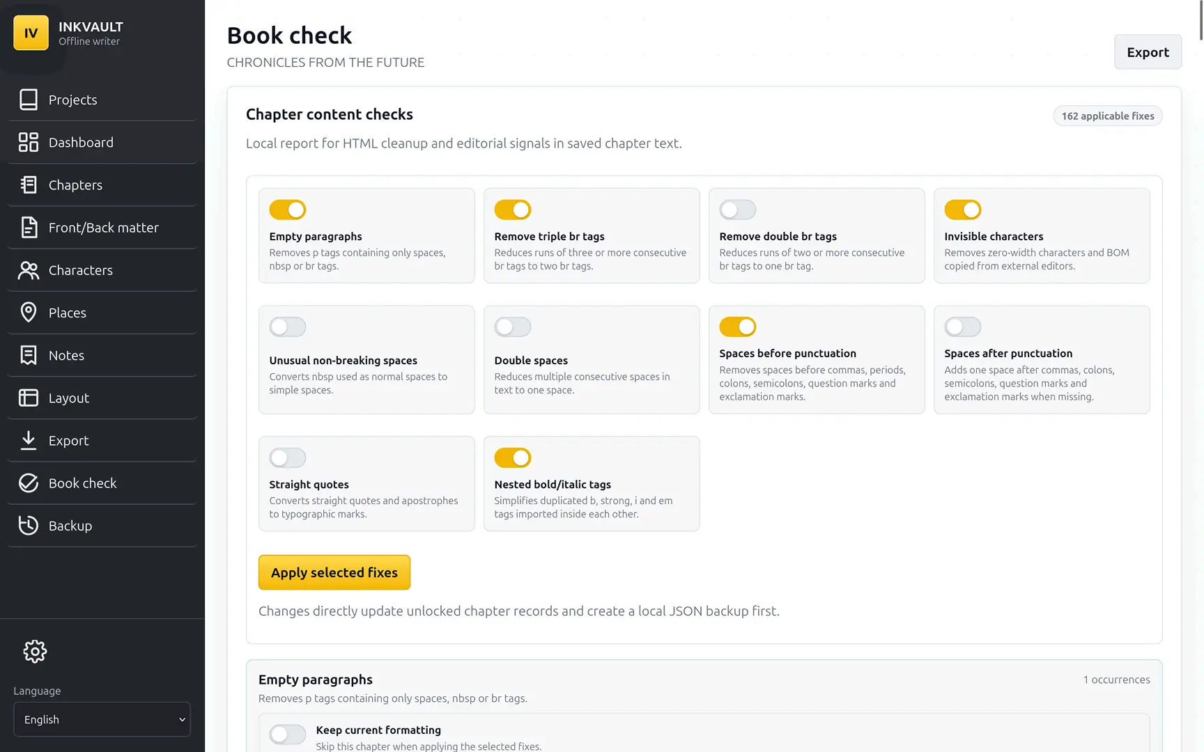 Controllo preflight di InkVault con avvisi prima dell'esportazione del libro
