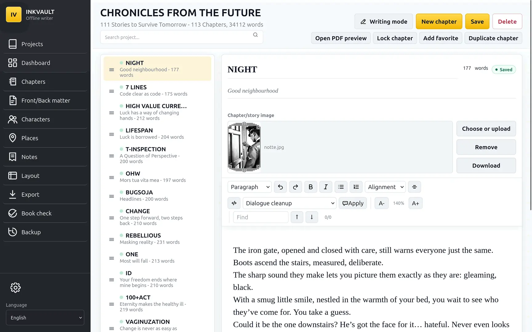 Editor dei capitoli di InkVault con testo, metadati e salvataggio del manoscritto