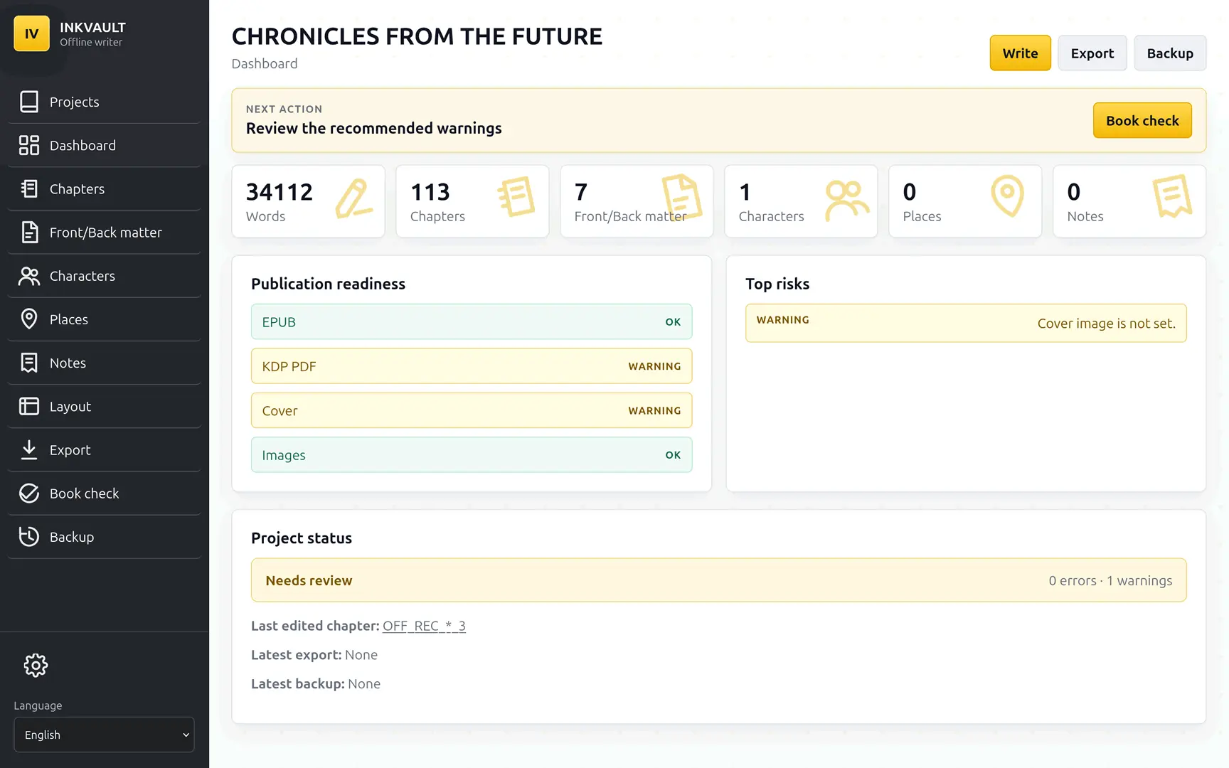 Dashboard del software editoriale InkVault con struttura del libro e controlli