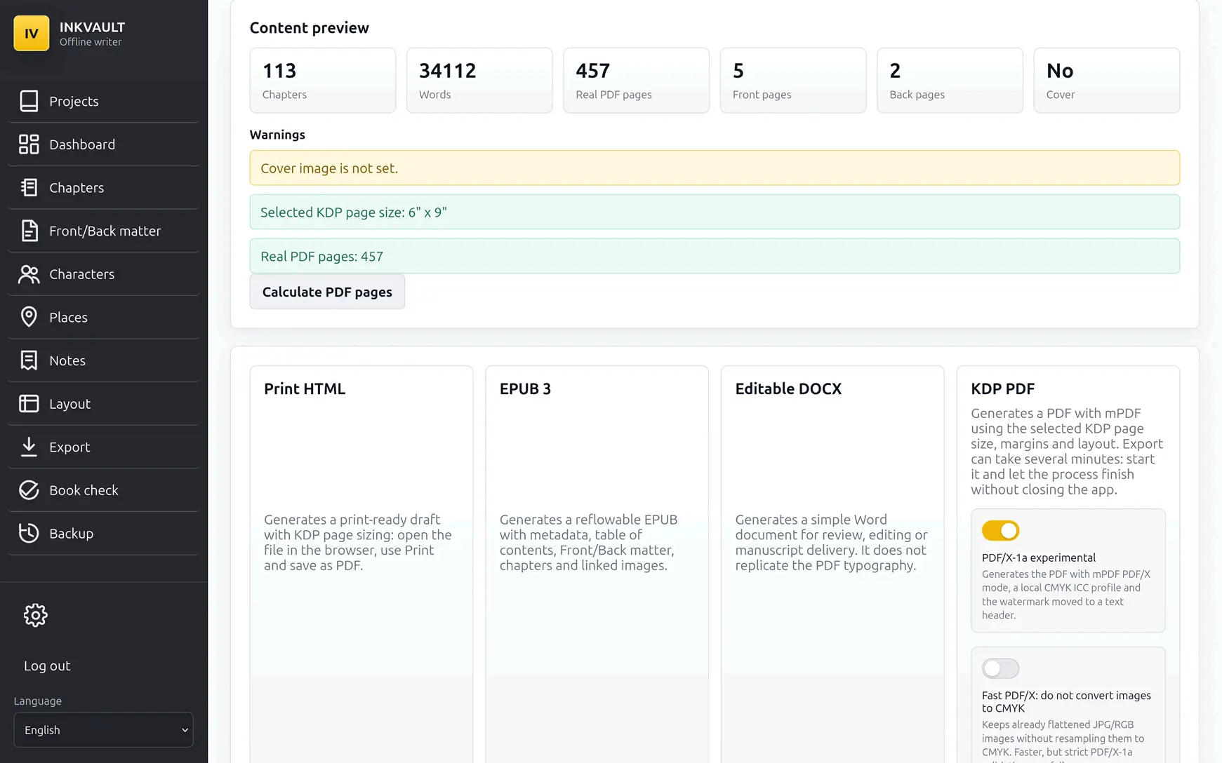 Studio di esportazione InkVault per generare PDF, EPUB, DOCX e altri formati editoriali