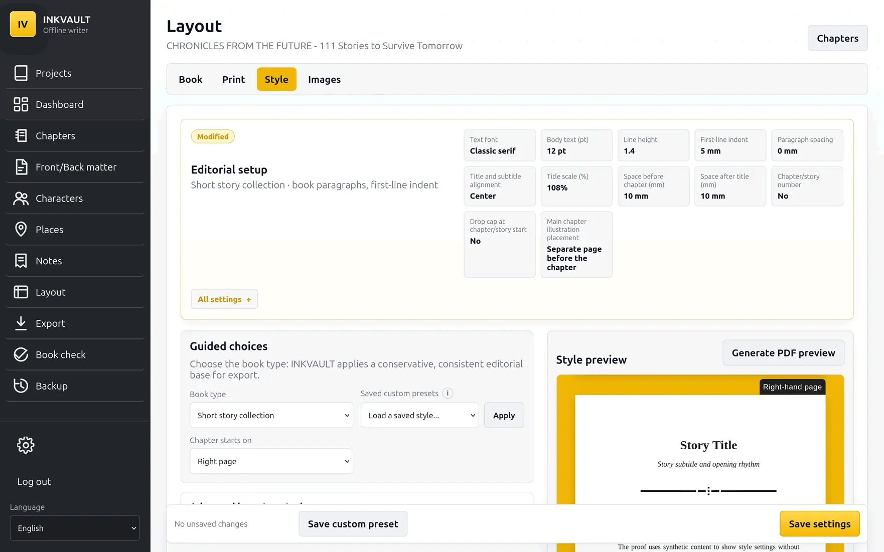 Pannello InkVault per configurare tipografia e stile coerente delle pagine