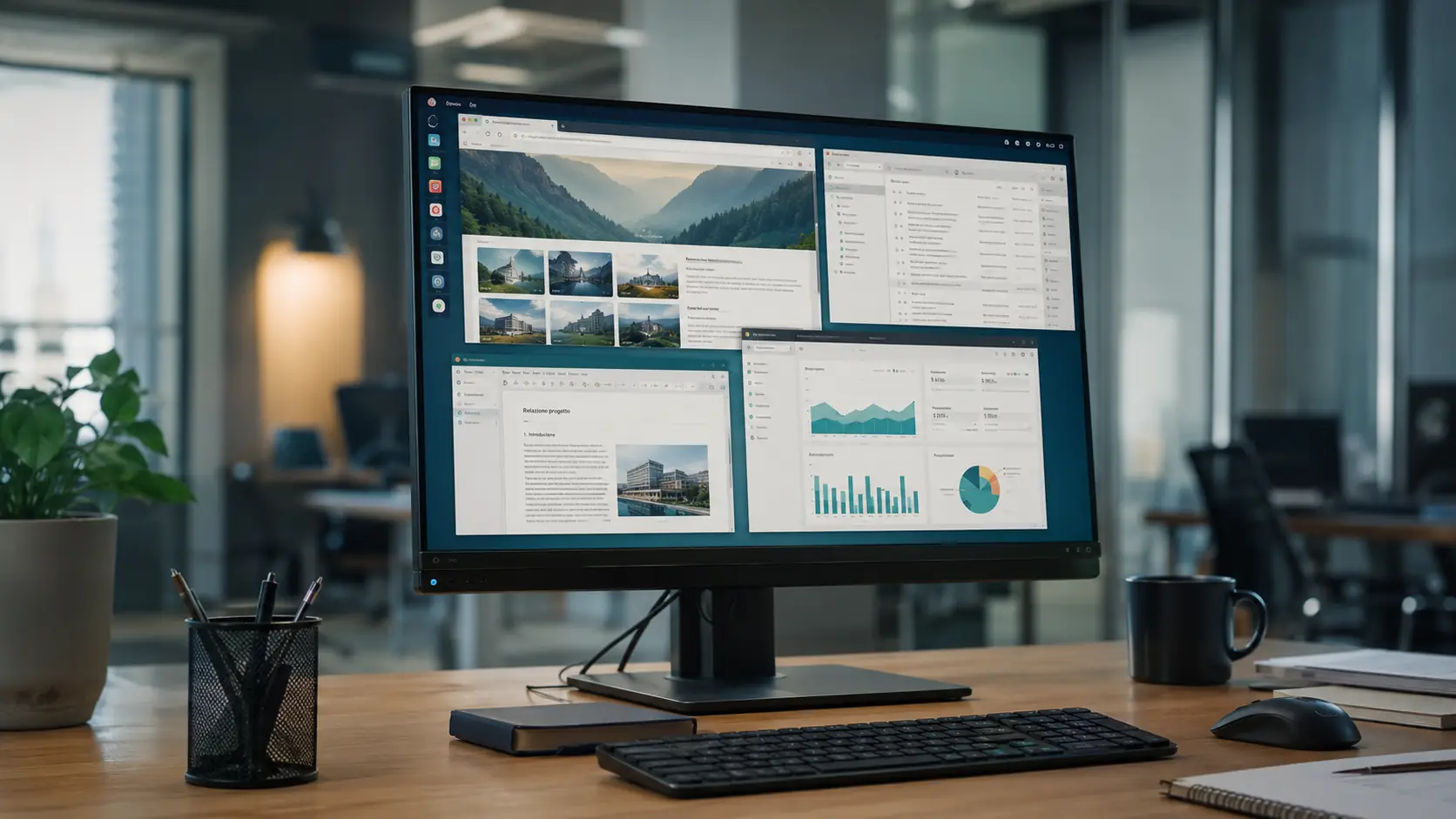 Postazione di lavoro aziendale con desktop Linux e applicazioni aperte
