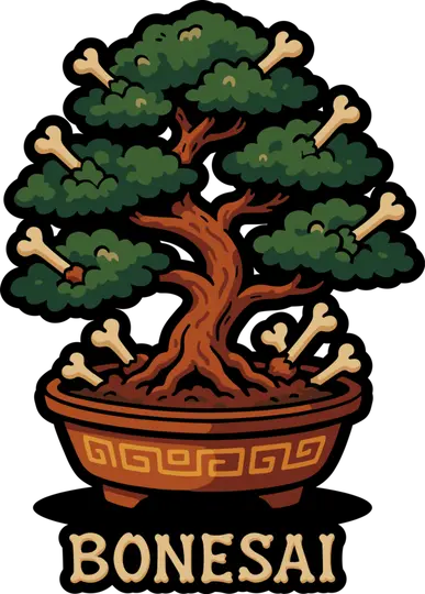 Bonesai, illustrazione umoristica di un bonsai con rami a forma di ossa