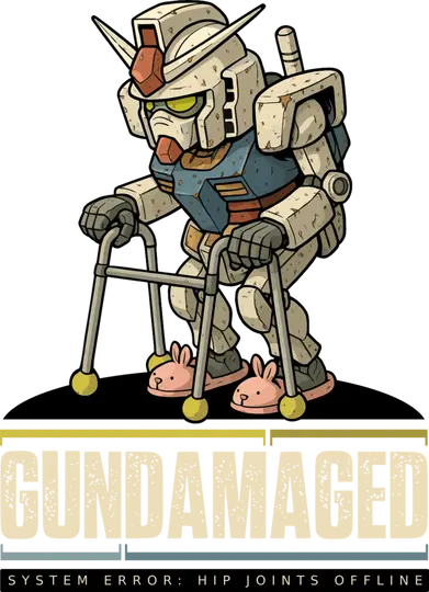 Gundamaged, anziano robot danneggiato che cammina con un deambulatore