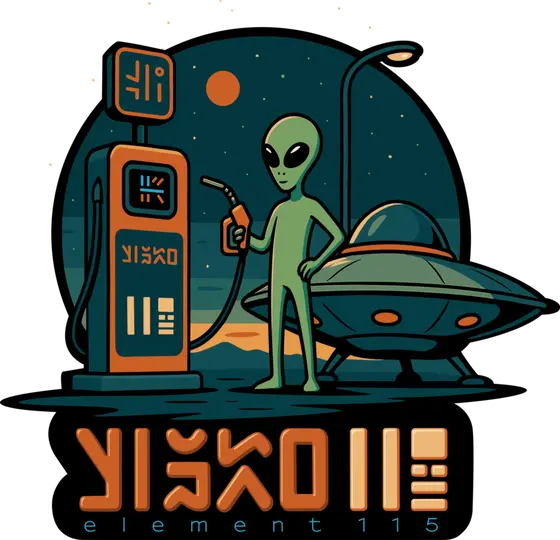 Illustrazione rétro di un alieno che fa rifornimento a un disco volante